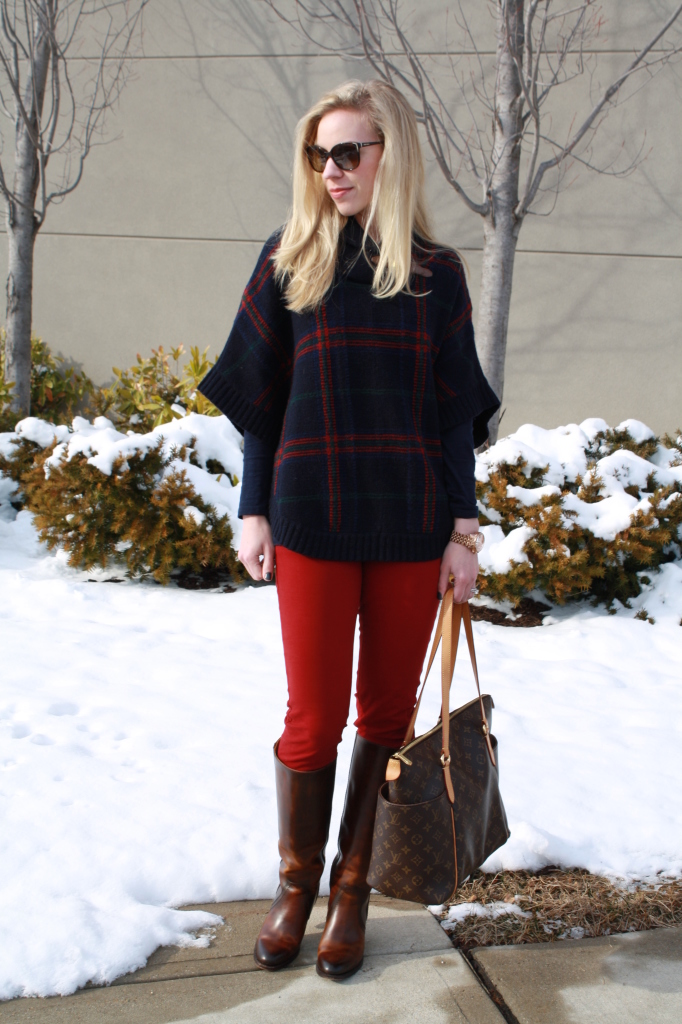{ Clear Vision: Navy plaid poncho, Red skinny jeans & Cognac boots ...