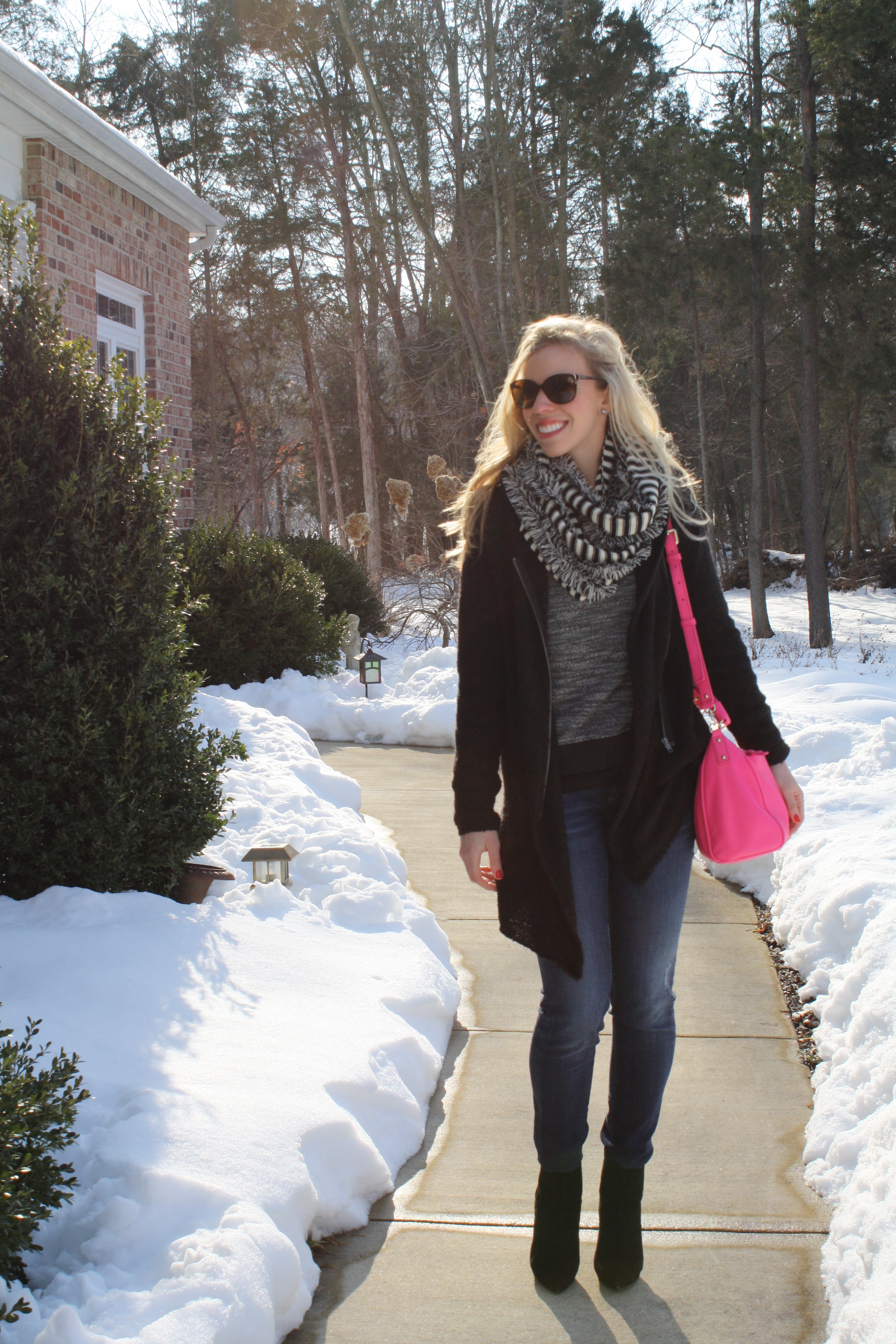 { Pop of Pink: Oversized cardigan, Striped infinity scarf & Fuchsia bag ...