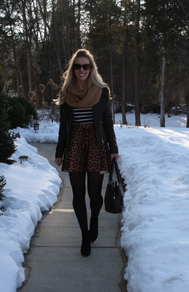 { Leather & Leopard: Moto jacket, Striped tee & Skater skirt } - Meagan ...