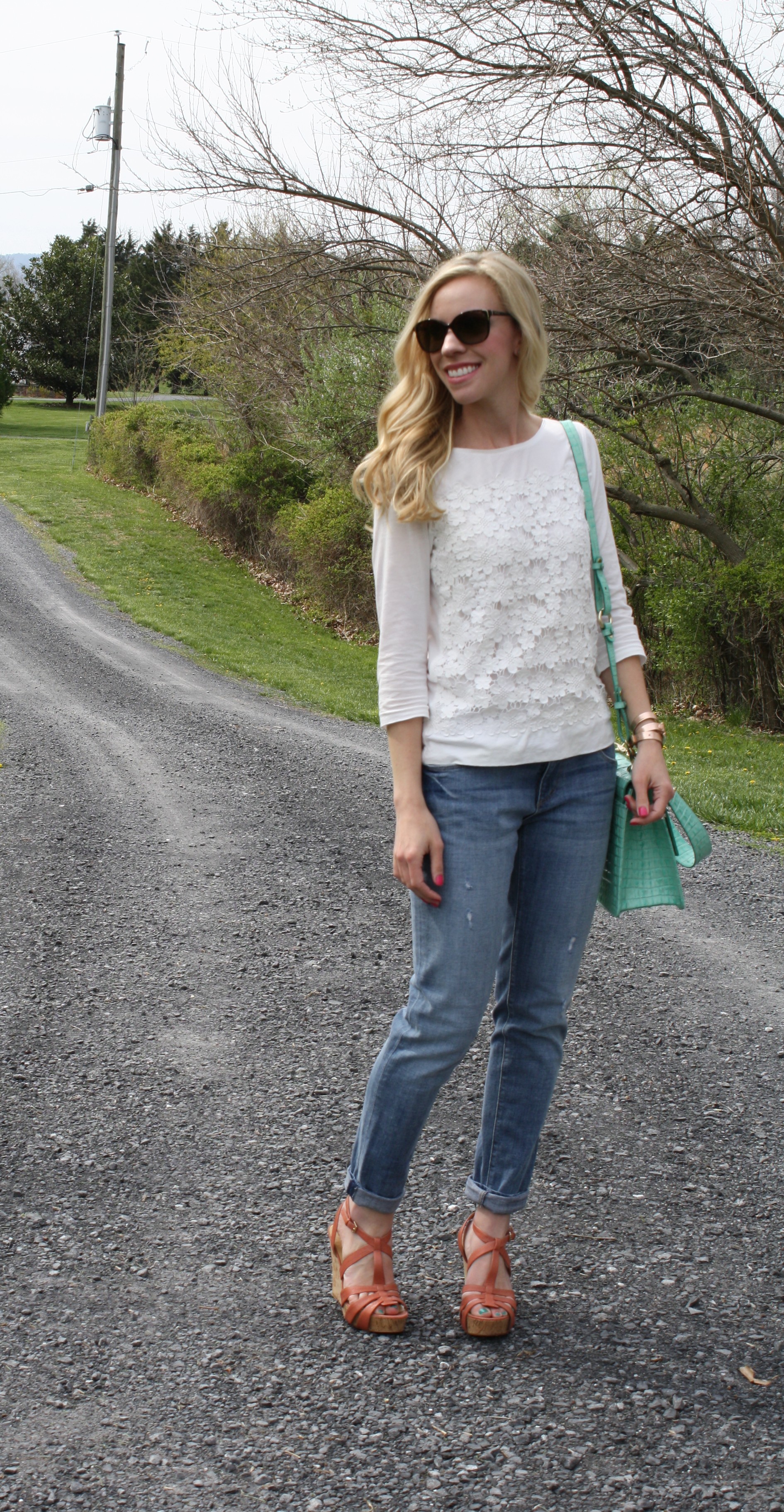 Simply Embroidered lace tee, Relaxed skinny jeans & Wedges } - Meagan's