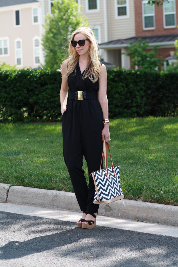 black jumpsuit, black and gold wide waist belt, Dooney & Bourke