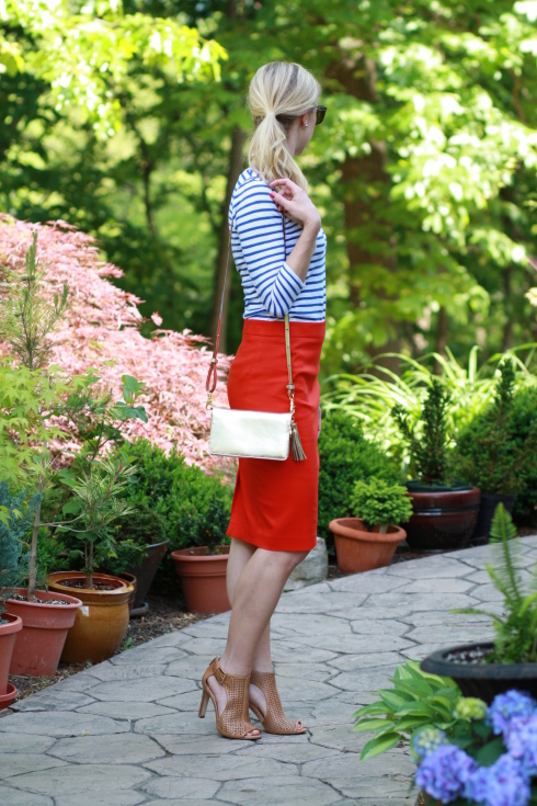{ In Memoriam: Blue stripes, Red pencil skirt & Gold accessories ...
