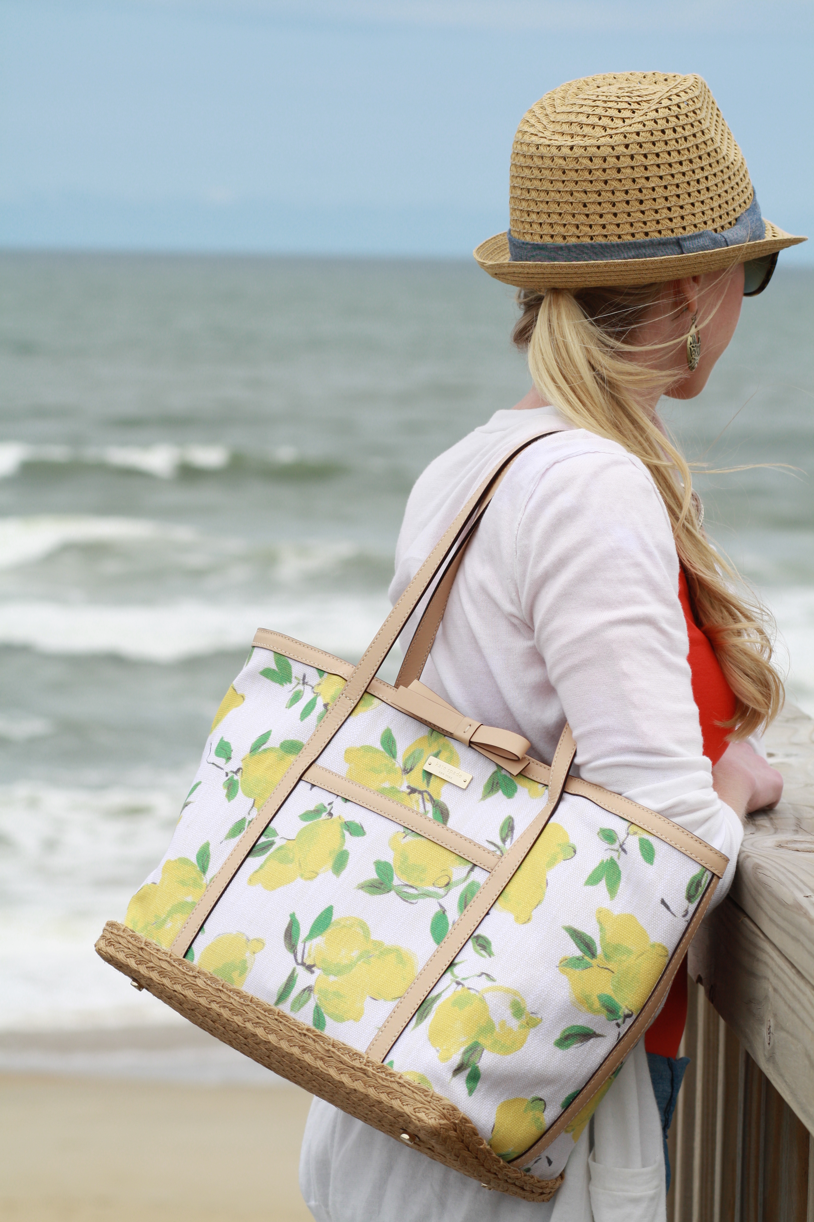 Kate Spade lemon-print espadrille tote, straw fedora chambray trim, ivory  boyfriend cardigan sweater - Meagan's Moda