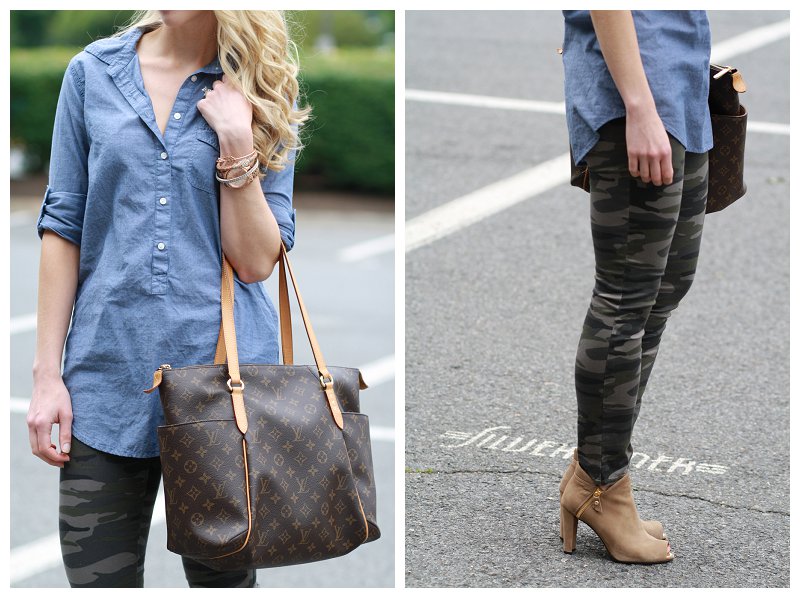 chambray denim button down tunic shirt, camo skinny jeans, Louis Vuitton  tote, Stuart Weitzman tan peep-toe boots - Meagan's Moda