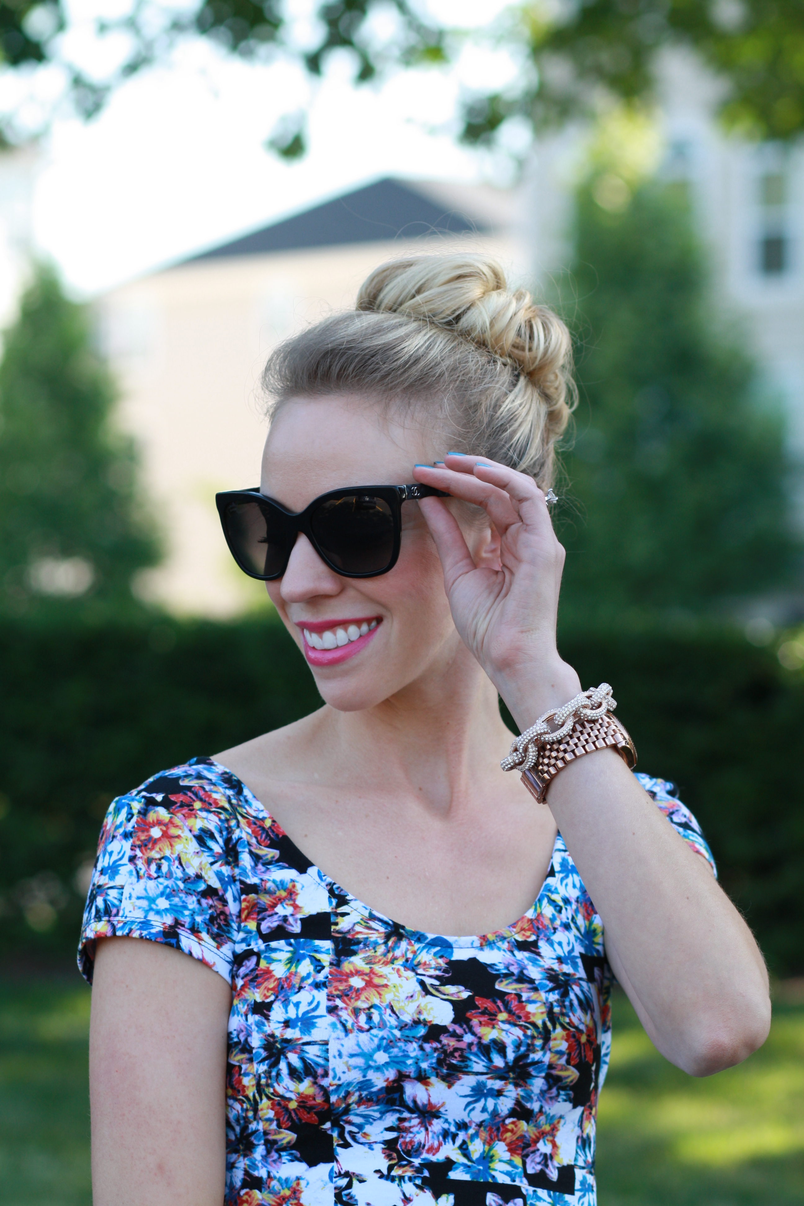 cropped floral top, black Chanel cateye sunglasses, rose gold pave chain  link bracelet, rose gold Michael Kors watch - Meagan's Moda