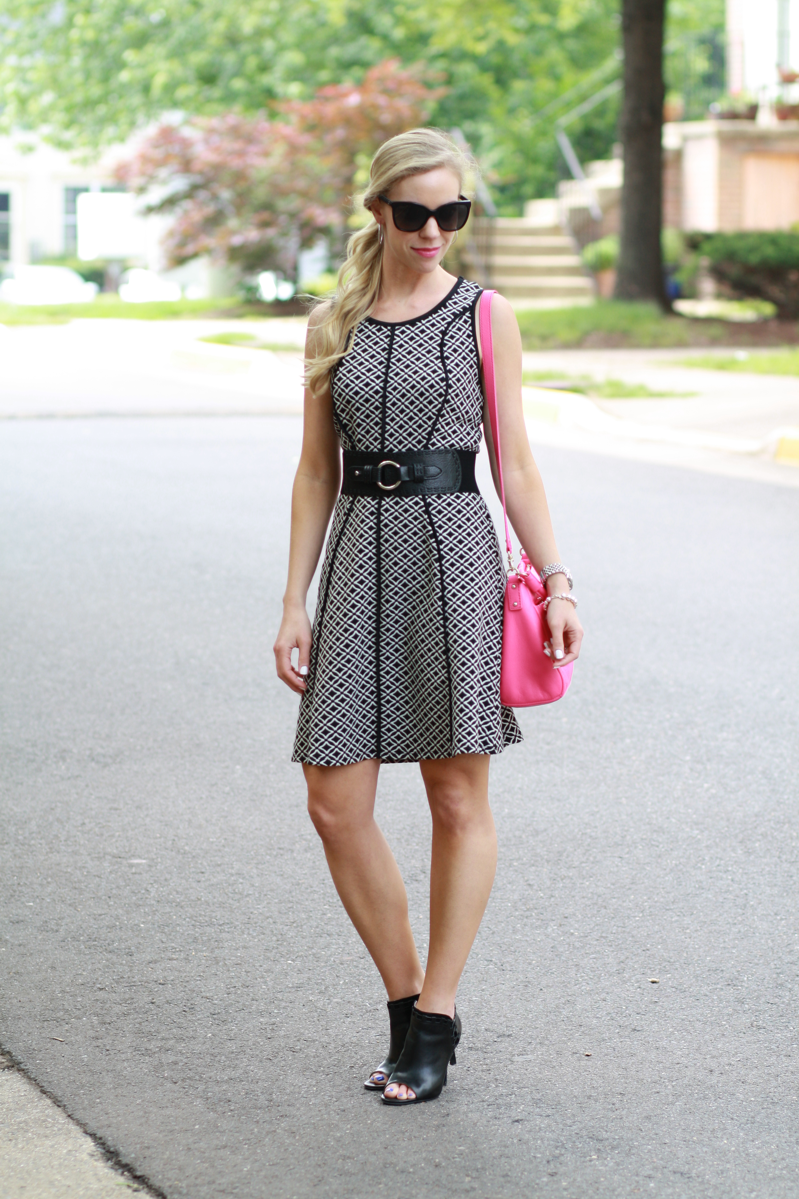 graphic print black and white dress, wide black belt, hot pink Kate Spade  bag, black open toe booties, Chanel sunglasses - Meagan's Moda