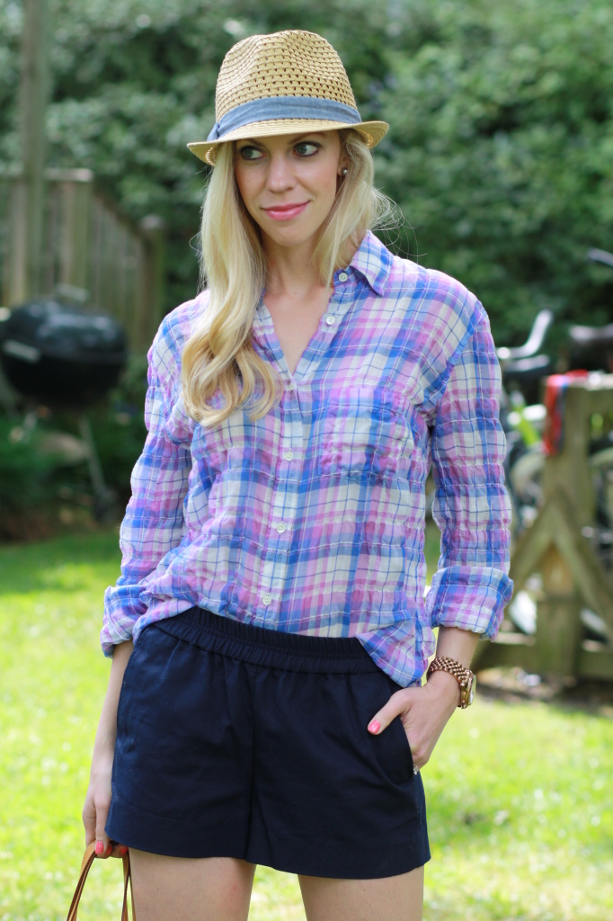 pastel plaid shirt, navy elastic waist 