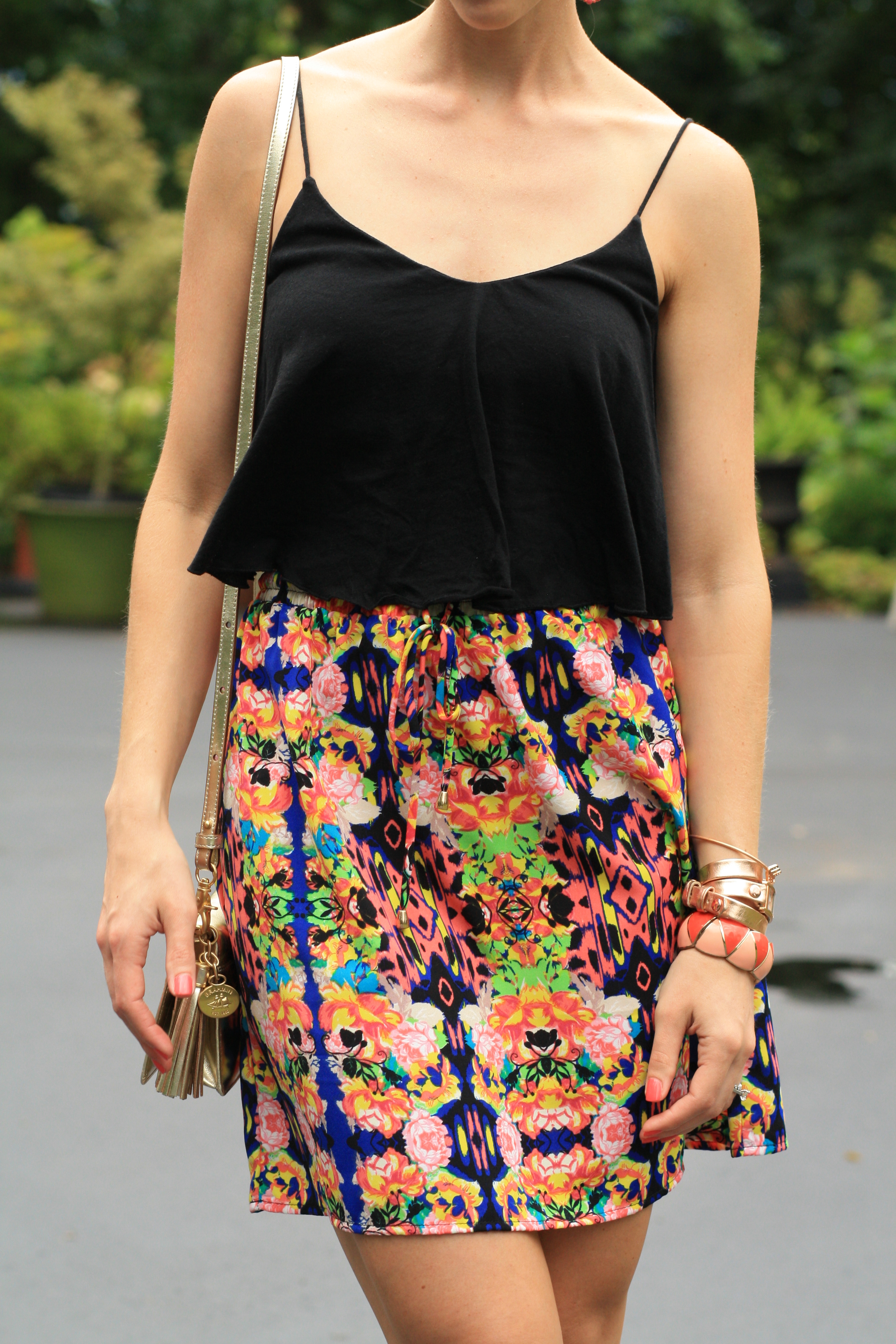 Express black cami crop top, Target bright graphic print drawstring skirt,  rose gold wrap watch, rose gold bracelets - Meagan's Moda