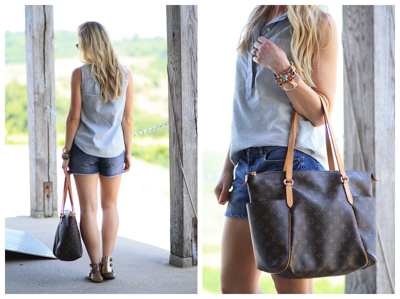 Louis Vuitton St. Germain bag in dune leather, beige Louis Vuitton bag,  sleeveless chambray top with camo skirt, how to wear chambray and camo  outfit - Meagan's Moda
