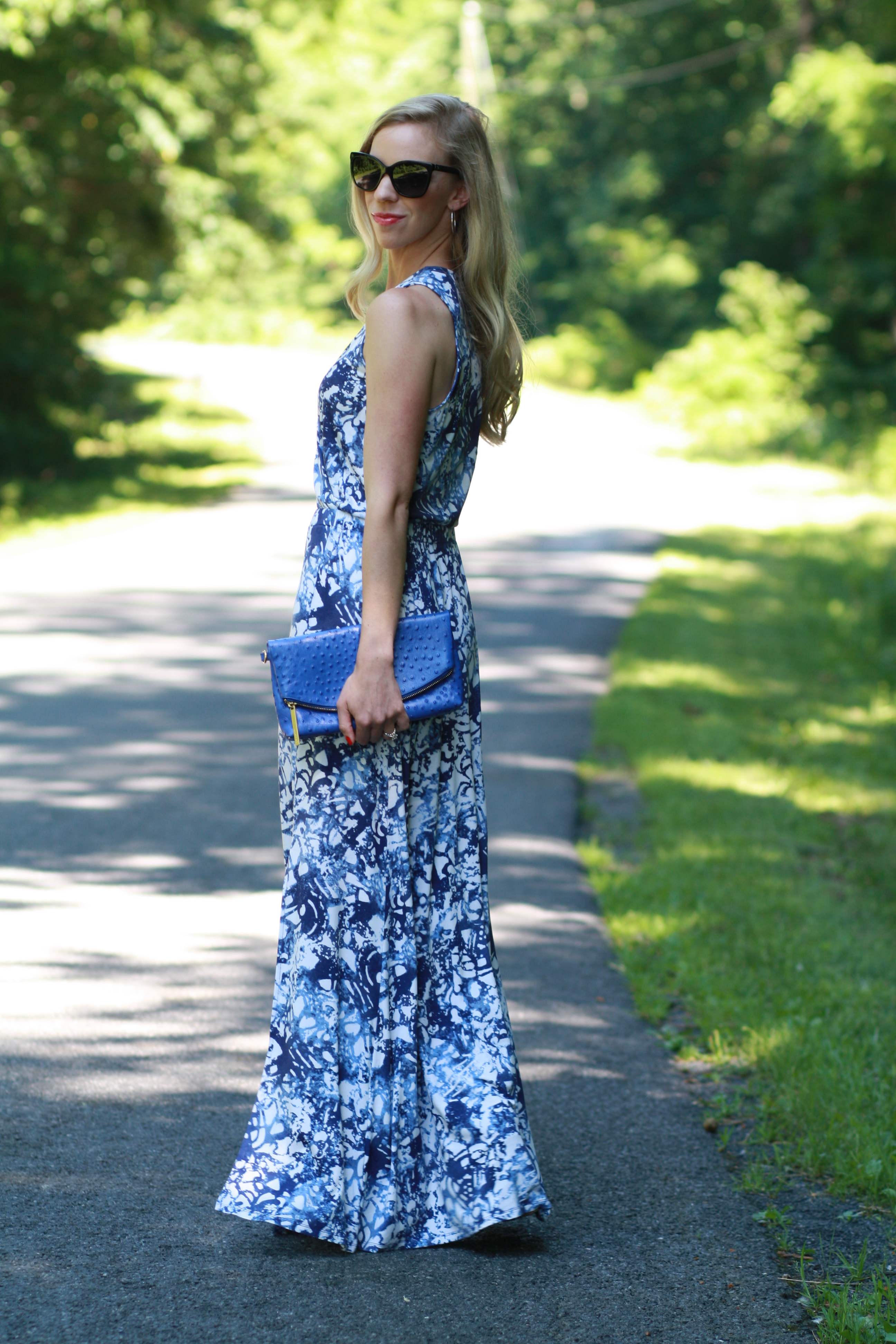 Peter Som for Kohls blue floral maxi dress, black Chanel sunglasses,  electric blue Normandy Brahmin clutch, cobalt blue clutch - Meagan's Moda