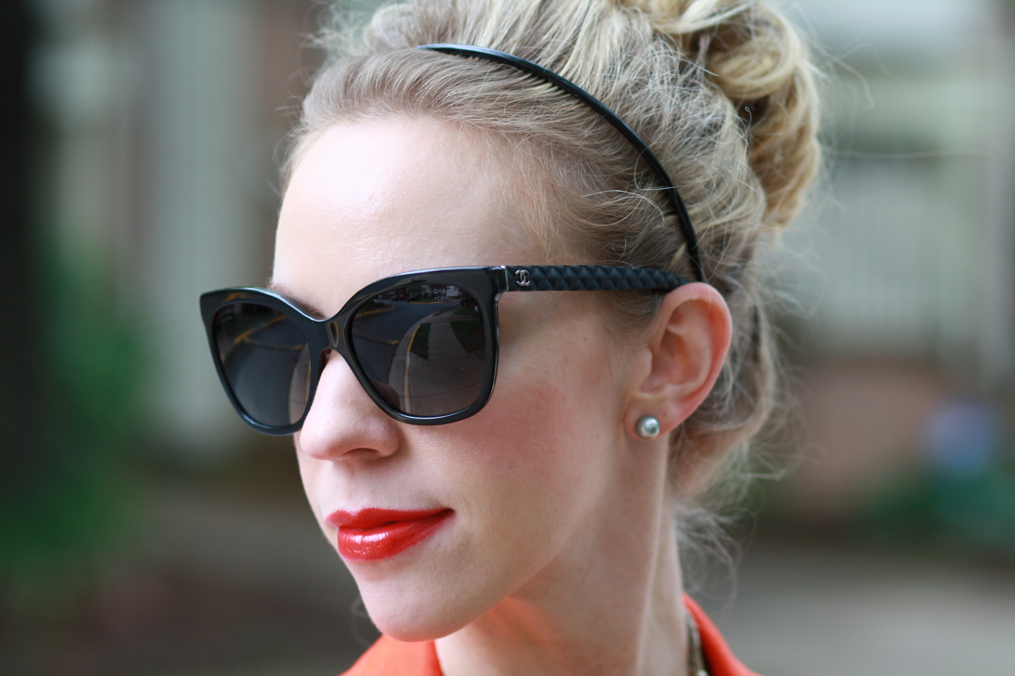black cateye Chanel sunglasses, red lips, Bare Minerals Moxie lipstick Live  it Up - Meagan's Moda