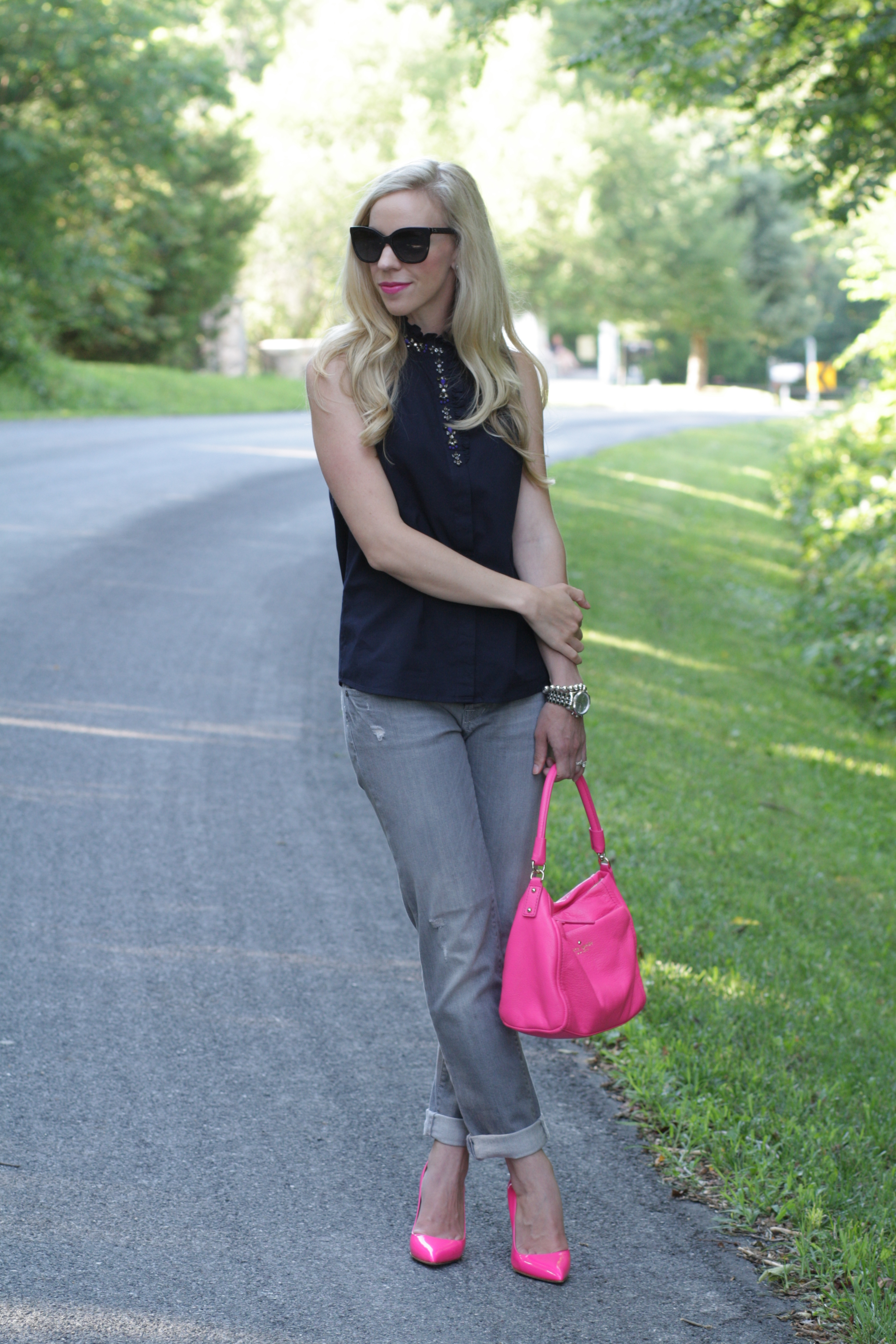 jeweled collar J. Crew shirt, gray distressed boyfriend jeans