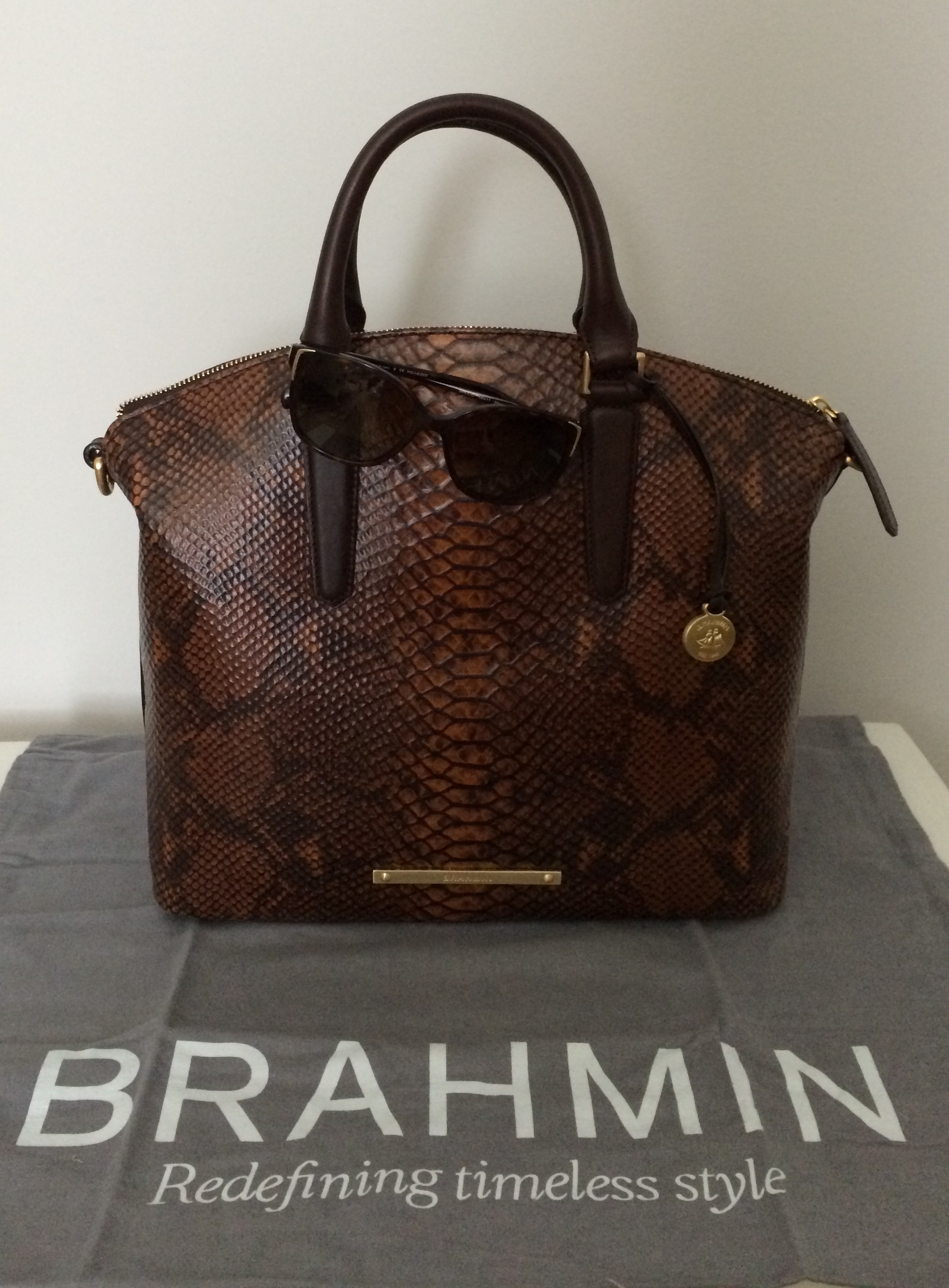Brahmin large Duxbury satchel in tortoise seville snakeskin print