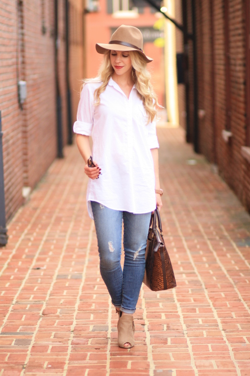 { Laid Back Style: White button down tunic, Distressed ankle jeans ...