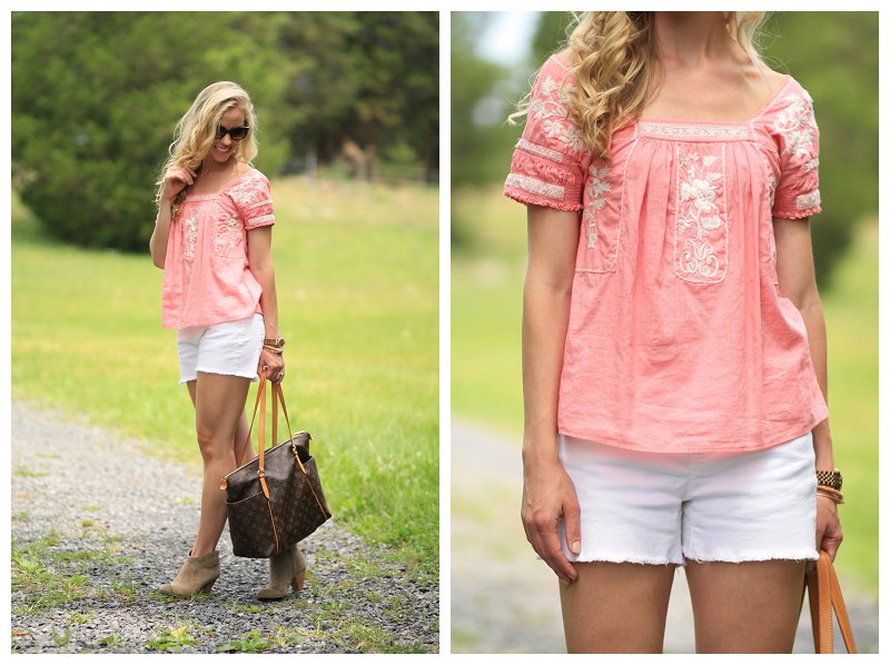 Louis Vuitton Totally MM tote, tan suede ankle boots, white denim cutoffs,  peasant top - Meagan's Moda