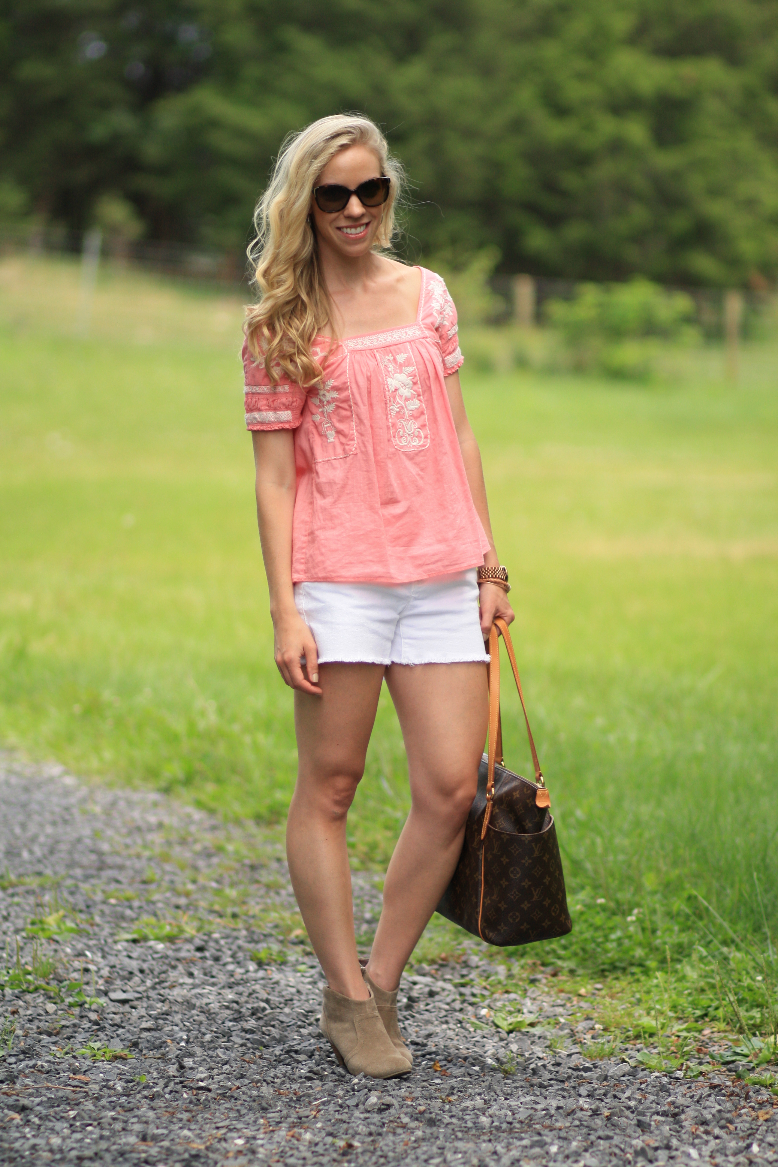 J. Crew coral pink embroidered floral peasant top, white cutoff