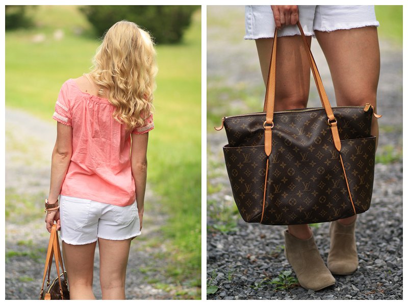 Louis Vuitton Totally MM tote, tan suede ankle boots, white denim