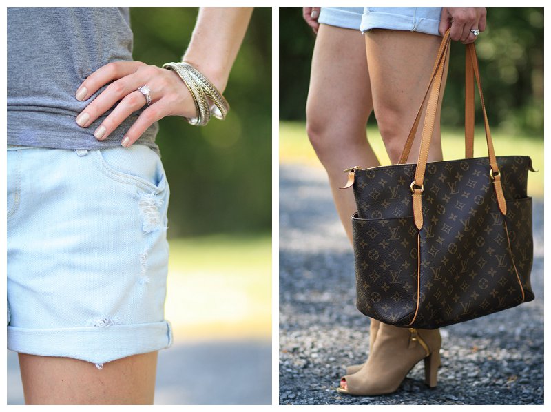 Louis Vuitton large totally MM monogram tote, distressed denim cuffed  boyfriend shorts, mixed metal bangle bracelets, Essie nude nail polish  cocktails and coconuts - Meagan's Moda