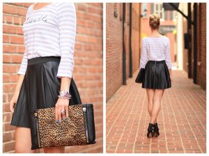 { J'Adorable: Striped tee, Faux leather skirt & Leopard clutch ...