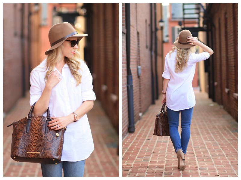 white button down tunic shirt, camel wool panama hat, Brahmin large Duxbury  satchel in tortoise seville snakeskin print, fall style, Paige verdugo  ankle skinny jeans, tan suede peep-toe boots - Meagan's Moda