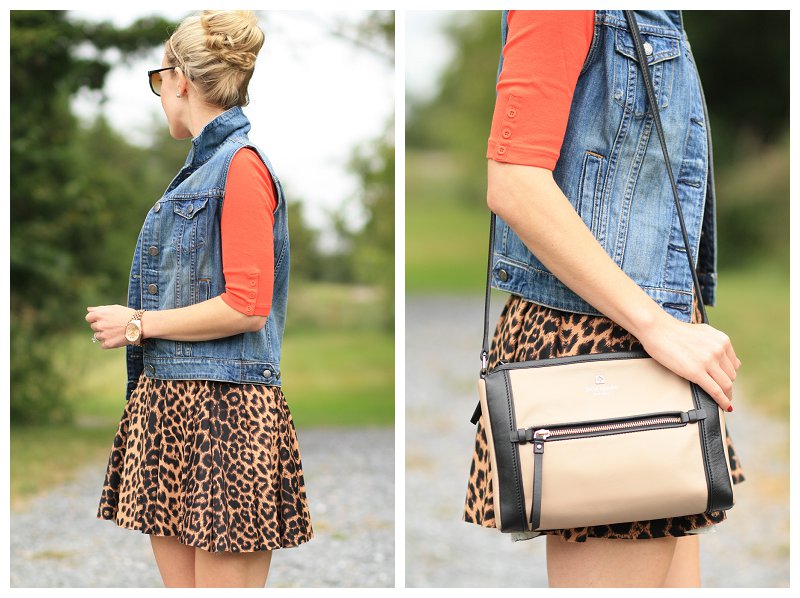 Kate Spade black and tan colorblock crossbody bag, J. Crew denim vest,  leopard skater skirt - Meagan's Moda