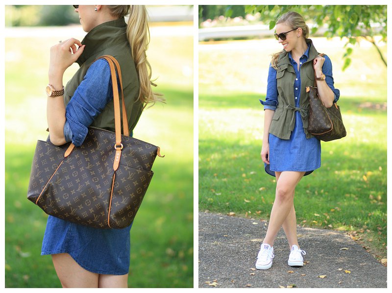 Louis Vuitton totally MM tote, denim shirt dress, green utility vest,  popped collar, white Converse low classic sneakers, Prada sunglasses -  Meagan's Moda