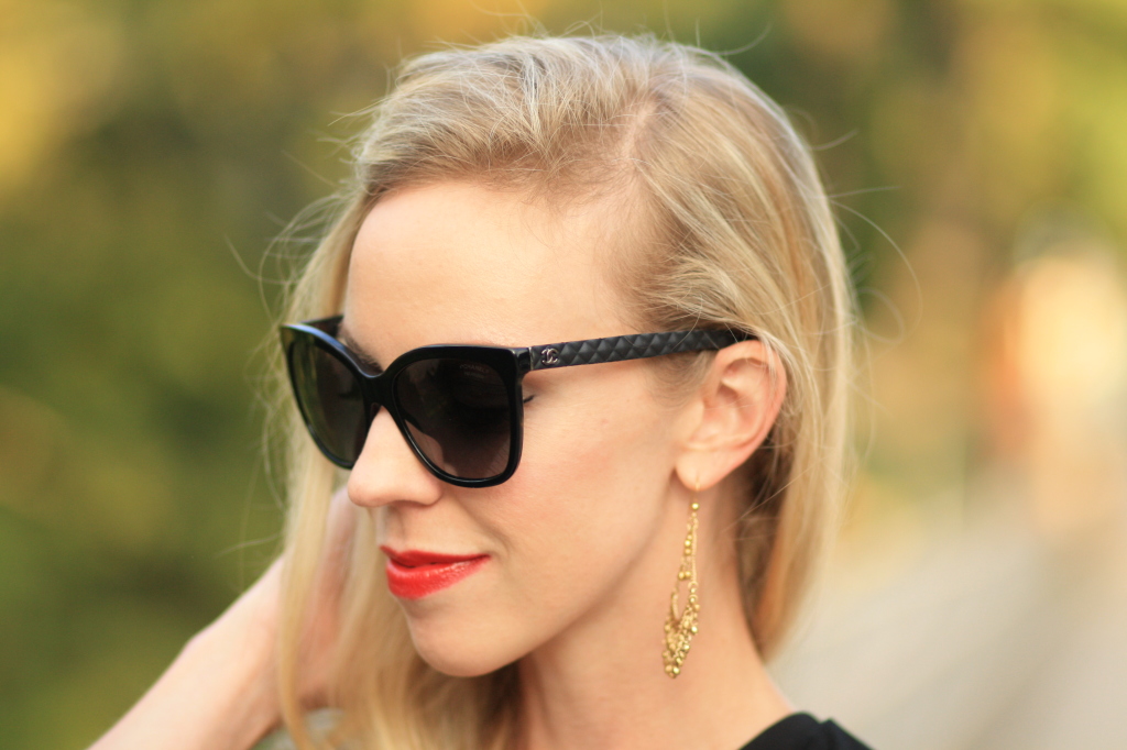 black oversize Chanel sunglasses with leather trim, red lip, gold  chandelier earrings, Bare Minerals Live it Up lipstick - Meagan's Moda