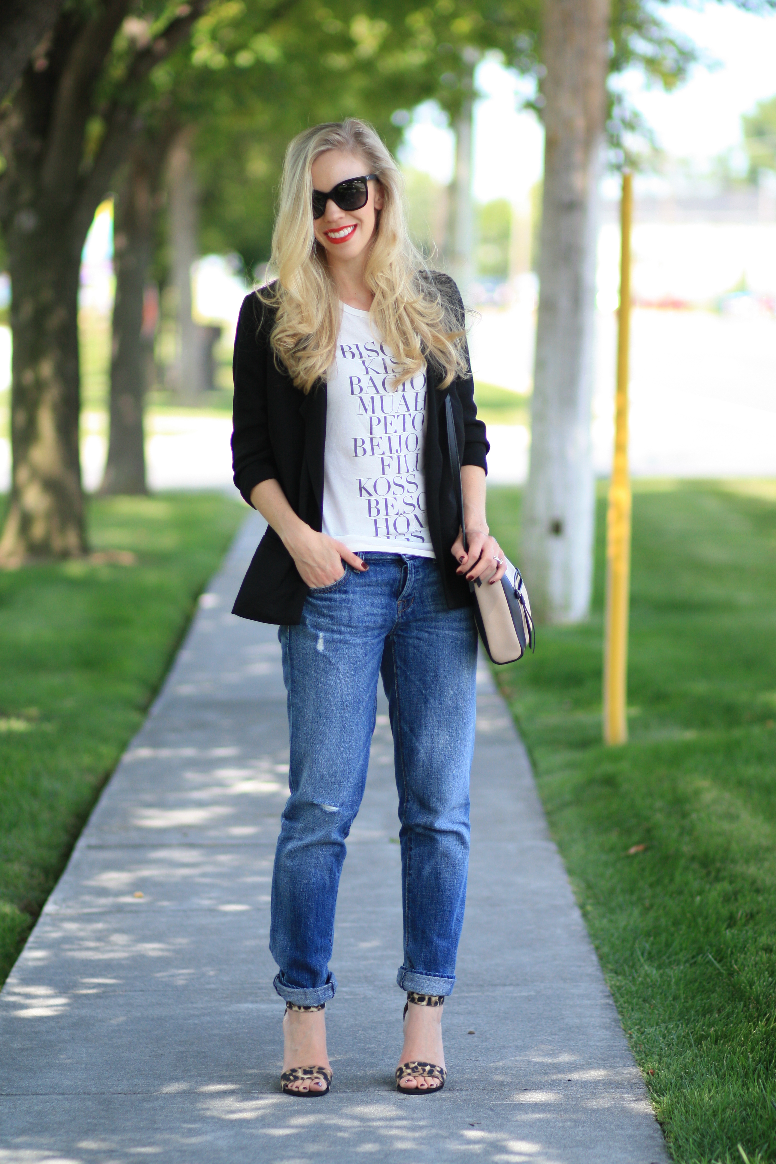 black oversized boyfriend blazer, J. Crew graphic tee, black