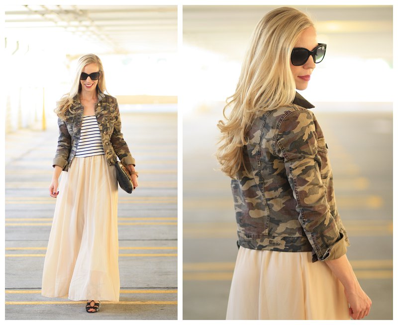 camo cropped jacket, black and white striped tank, nude pleated chiffon maxi  skirt, Chanel black oversized cateye sunglasses with leather trim, cuffed  sleeves - Meagan's Moda