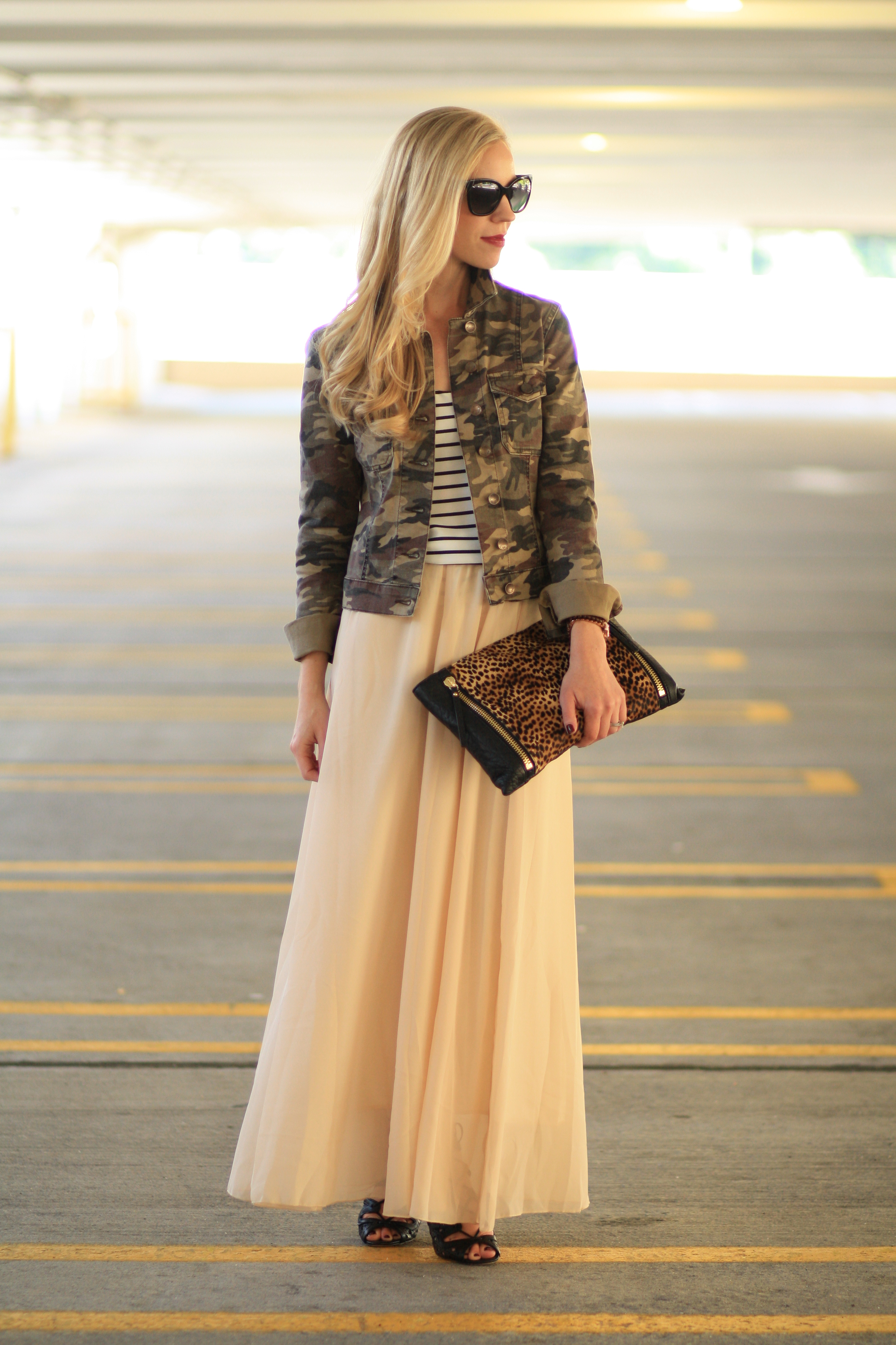 olive green cropped utility jacket, black and white striped silk tank,  flowy chiffon nude maxi skirt, black lace up booties, Vince Camuto leopard  clutch, Chanel cateye sunglasses - Meagan's Moda