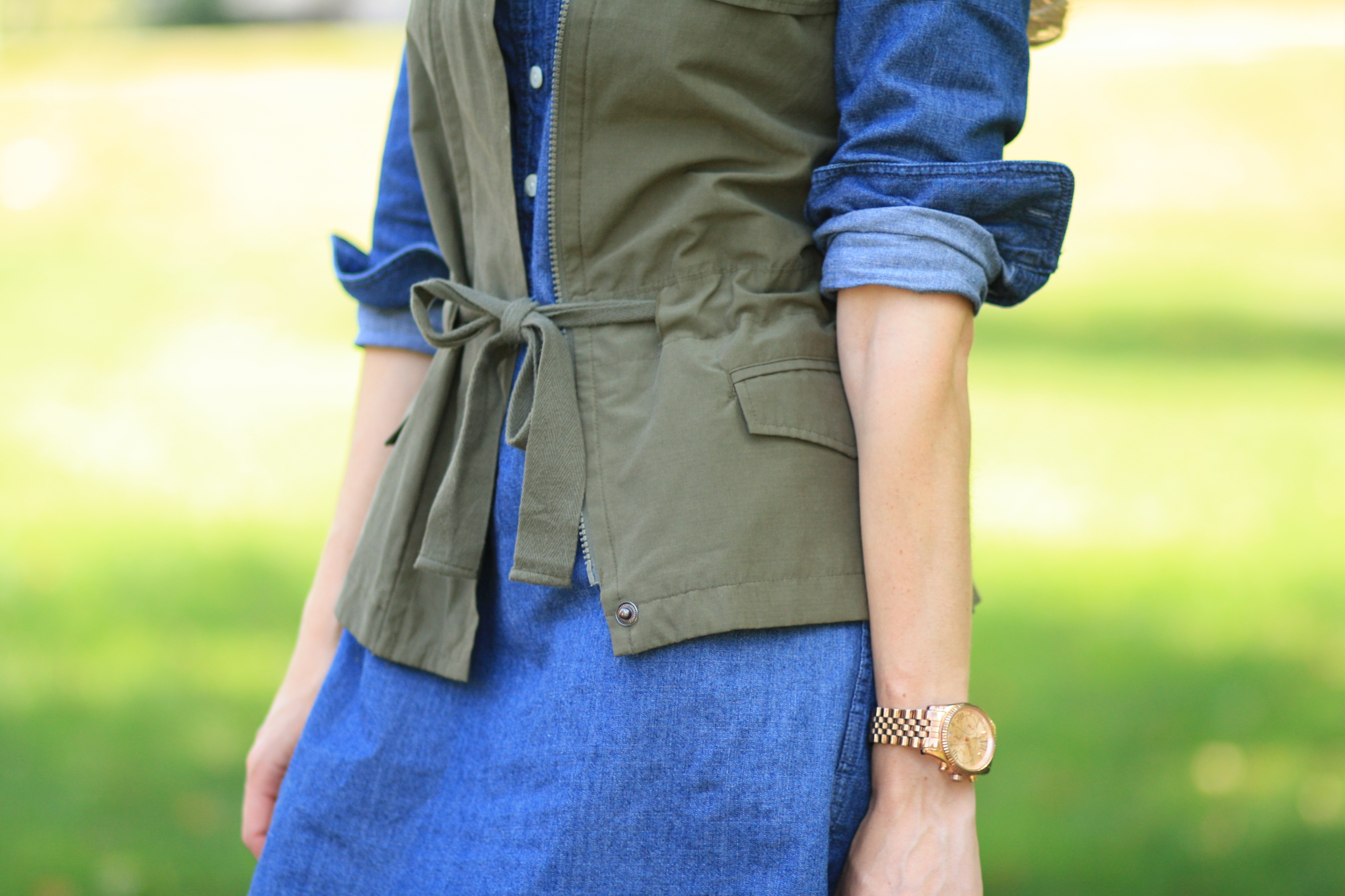 olive green utility vest over chambray denim dress, J. Crew cuffed sleeves,  chambray denim dress, rose gold Michael Kors oversized watch  Meagan's Moda