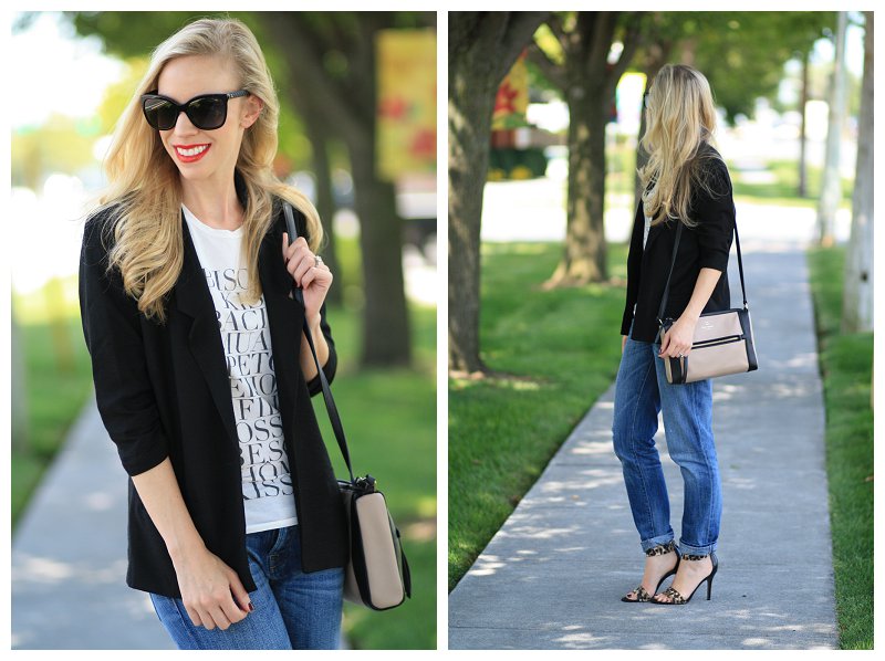 oversized black boyfriend blazer, J. Crew graphic tee, Chanel