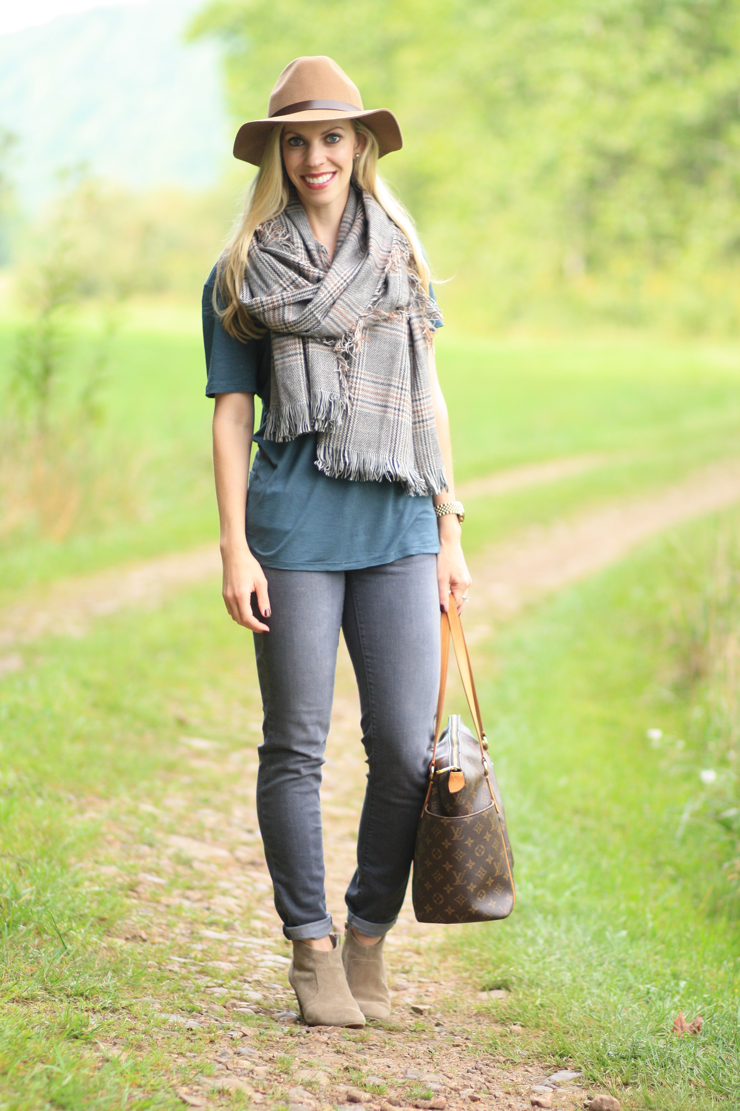 oversized brown plaid scarf, H&M camel panama hat, teal oversized