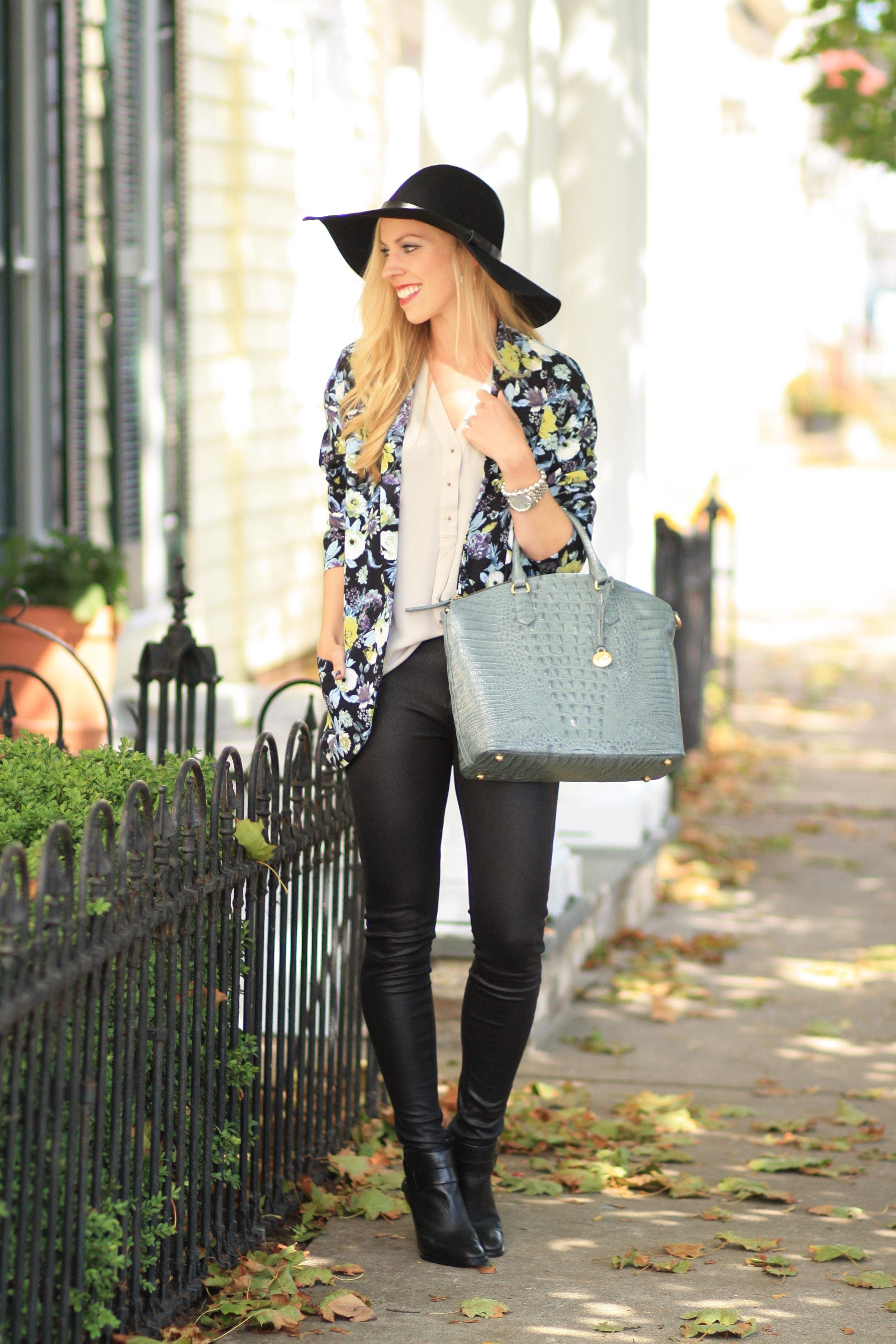 H&M black wool floppy hat, floral kimono, fall floral print, 7 for all  mankind leather jeans, black ankle boots with leather leggings, Brahmin  Jasper Duxbury satchel - Meagan's Moda