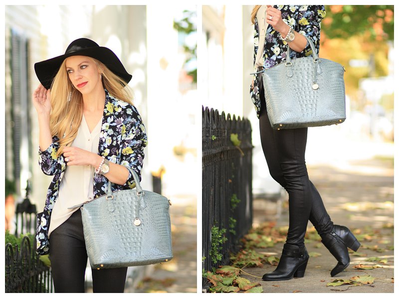 H&M floral kimono jacket, 7 for all mankind leather legging jeans, leather  ankle boots, Brahmin Jasper Duxbury satchel, black wool floppy hat -  Meagan's Moda