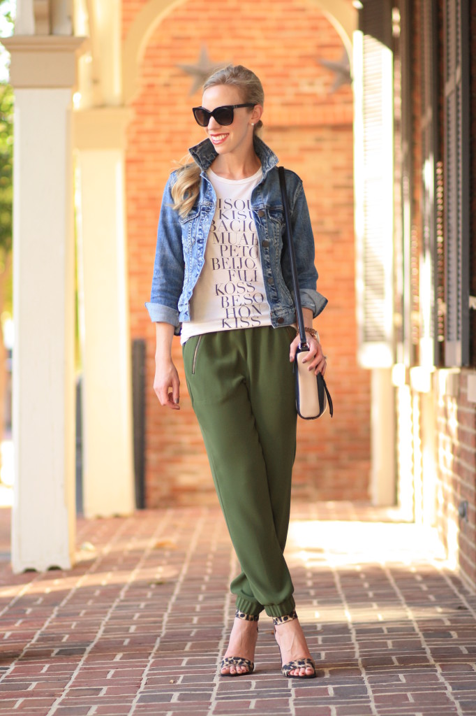 { Autumn Olive: Cropped denim jacket, Graphic Tee & Tapered track pants ...