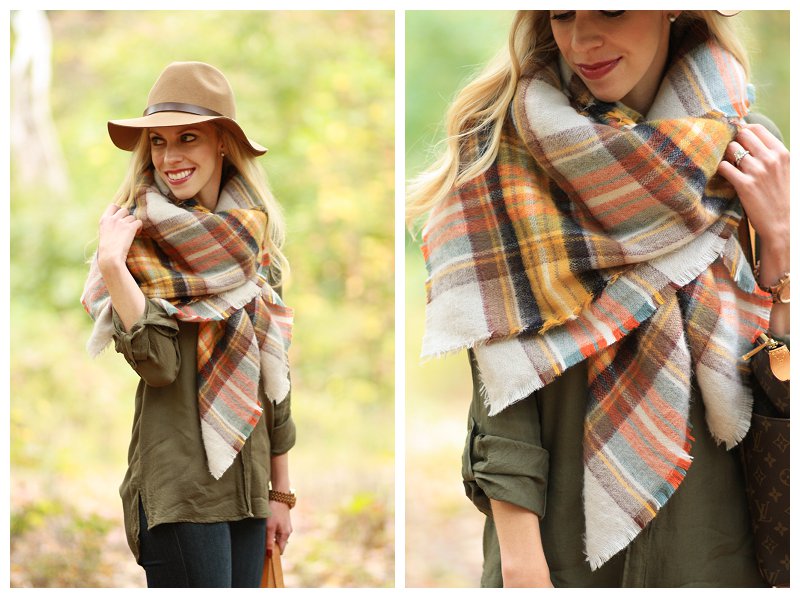 Zara plaid blanket scarf, how to wear a blanket scarf, H&M camel wool  panama hat, Louis Vuitton totally mm tote - Meagan's Moda