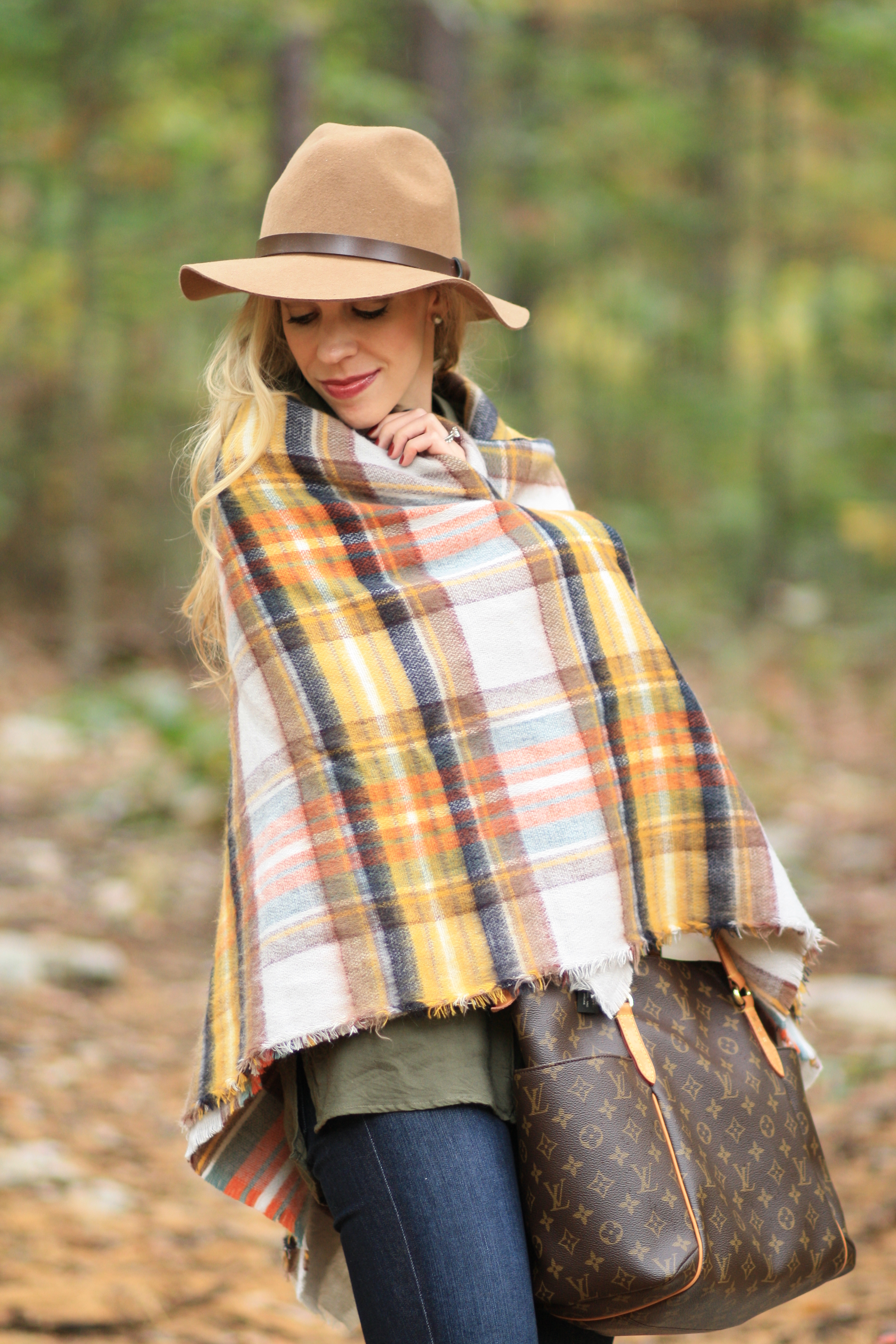 oversized brown plaid scarf, H&M camel panama hat, teal oversized