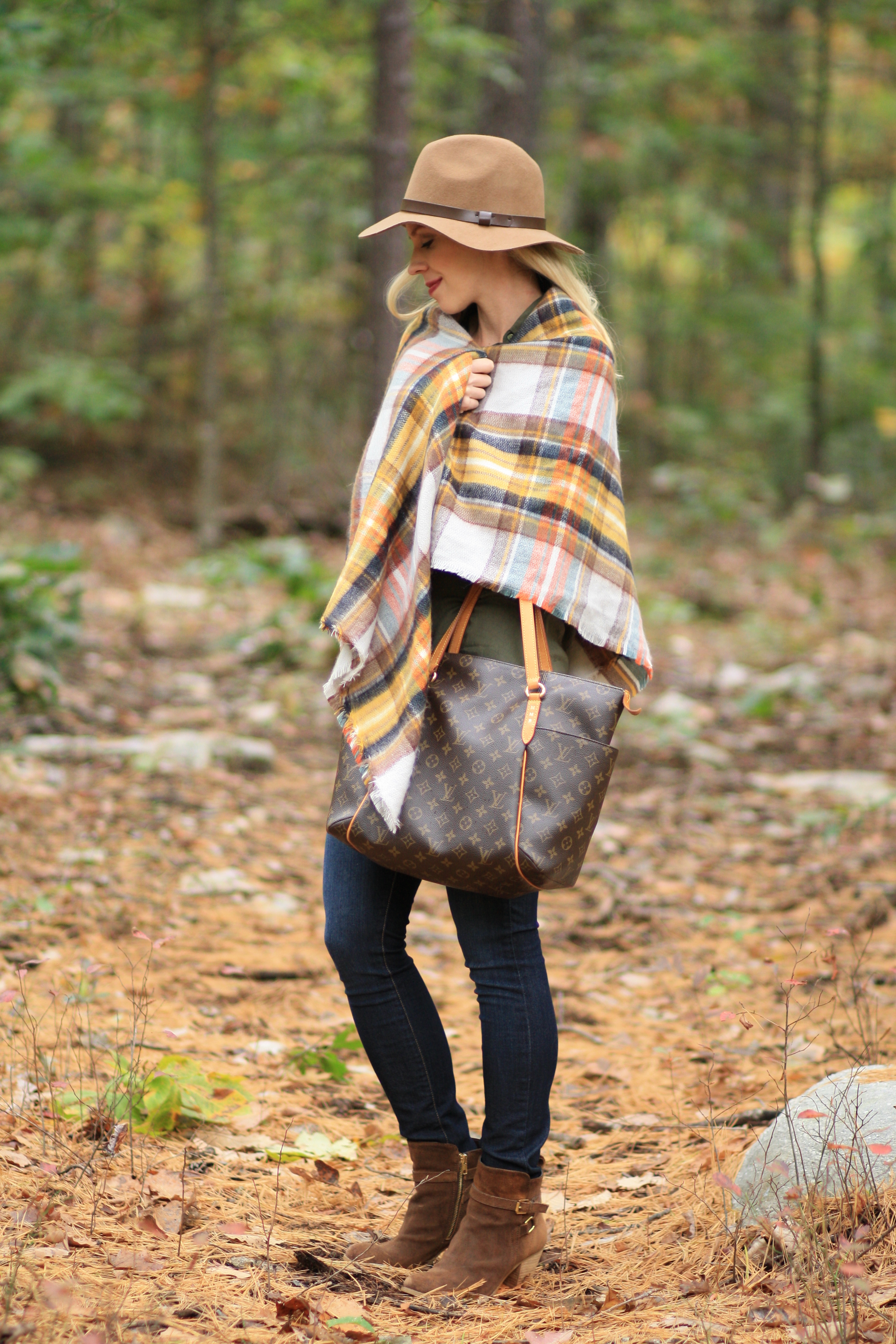 Zara plaid blanket scarf, yellow plaid scarf, H&M camel wool panama hat,  Paige verdugo skinny jeans, Louis Vuitton totally MM tote, fall layering,  woodsy outfit, how to style a blanket scarf 