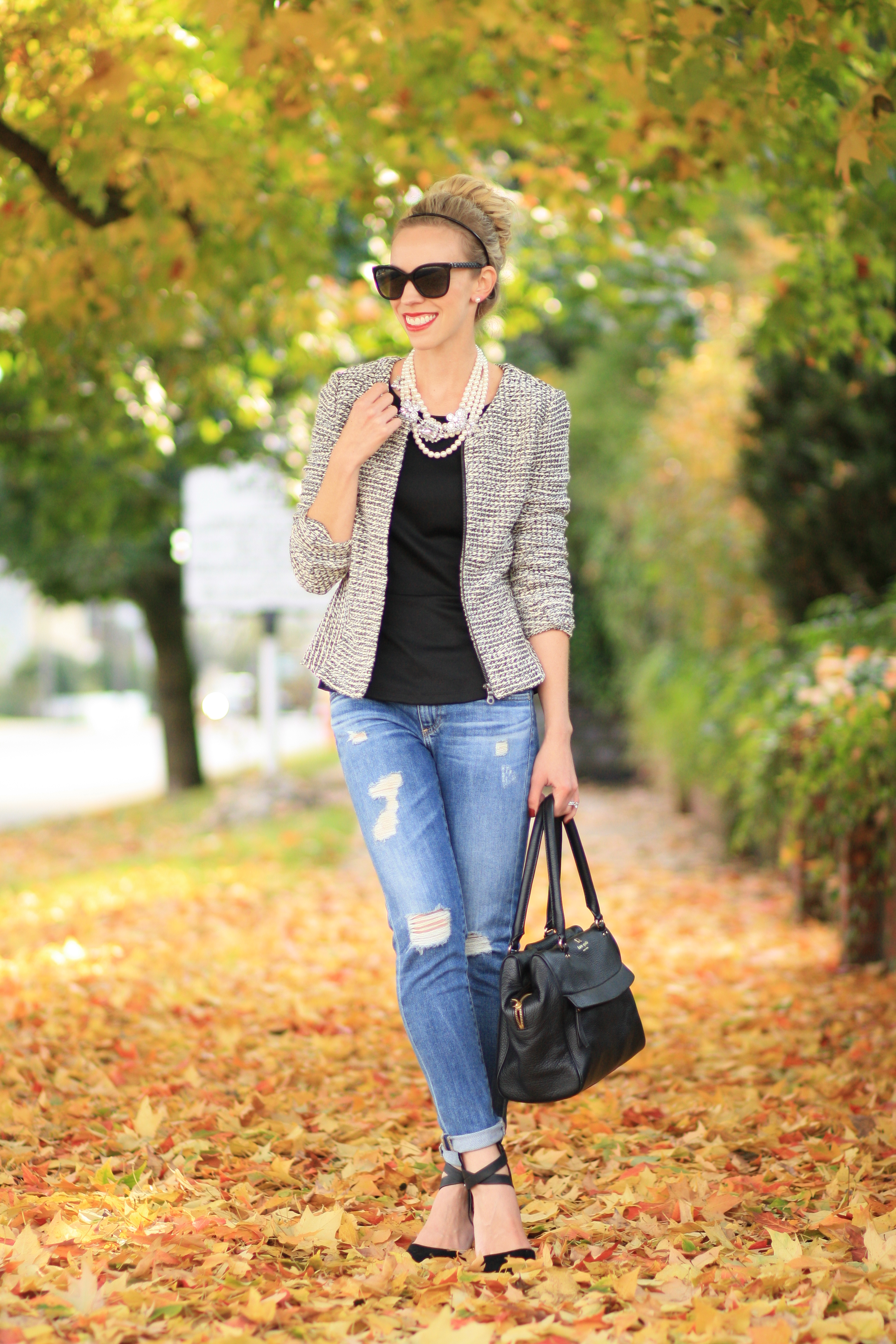 black and white tweed peplum jacket, pearl statement necklace, layered  pearl necklace with tweed, distressed denim, AG Adriano Goldschmied stilt  cigarette, suede ankle strap pumps, Chanel-inspired outfit - Meagan's Moda