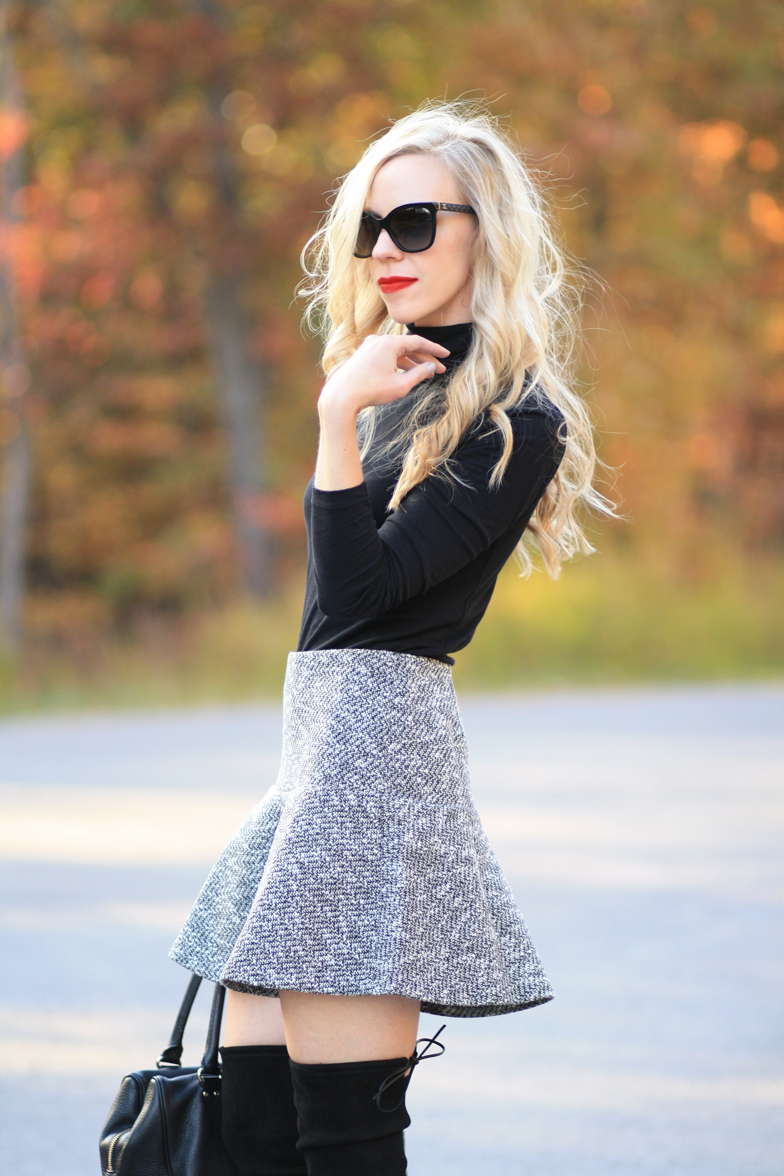 black turtleneck, black and white tweed LOFT flounce skirt, mini
