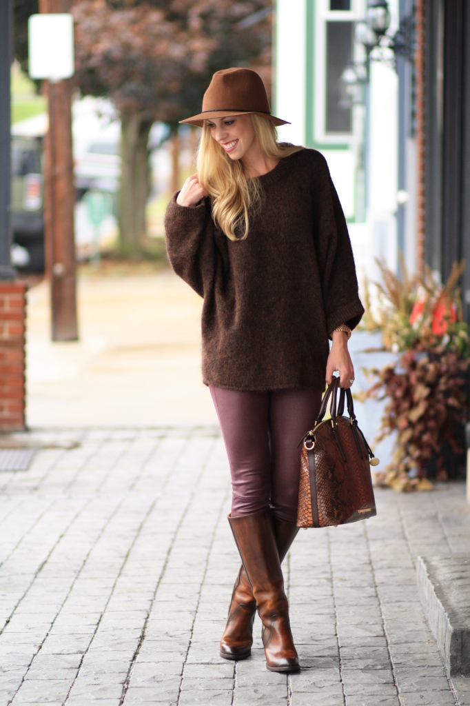 white button down tunic shirt, camel wool panama hat, Brahmin large Duxbury  satchel in tortoise seville snakeskin print, fall style, Paige verdugo  ankle skinny jeans, tan suede peep-toe boots - Meagan's Moda