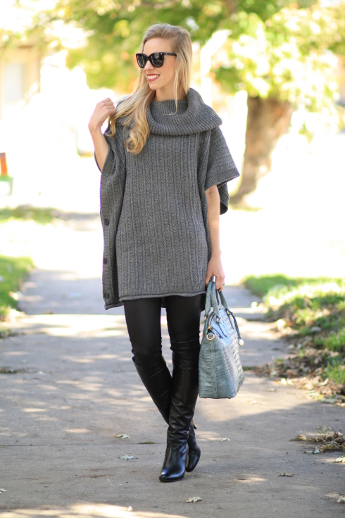 { Cozy Mode: Poncho sweater, Leather legging jeans & Tall boots ...