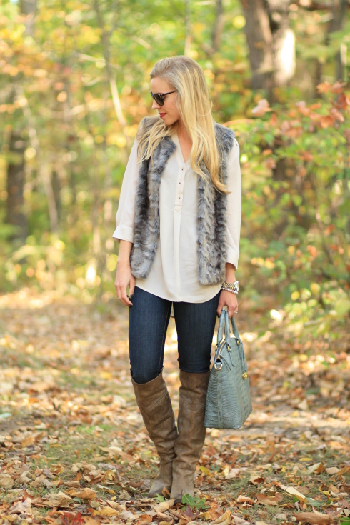 { Texture Blend: Gray fur vest, Silky blouse & Over the knee boots ...