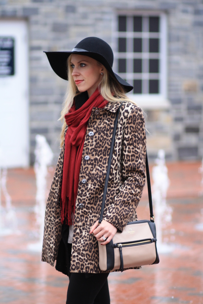 leopard coat, leopard car coat, maroon burgundy red scarf, H&M black wool  floppy hat with leather trim, Kate Spade colorblock crossbody bag -  Meagan's Moda