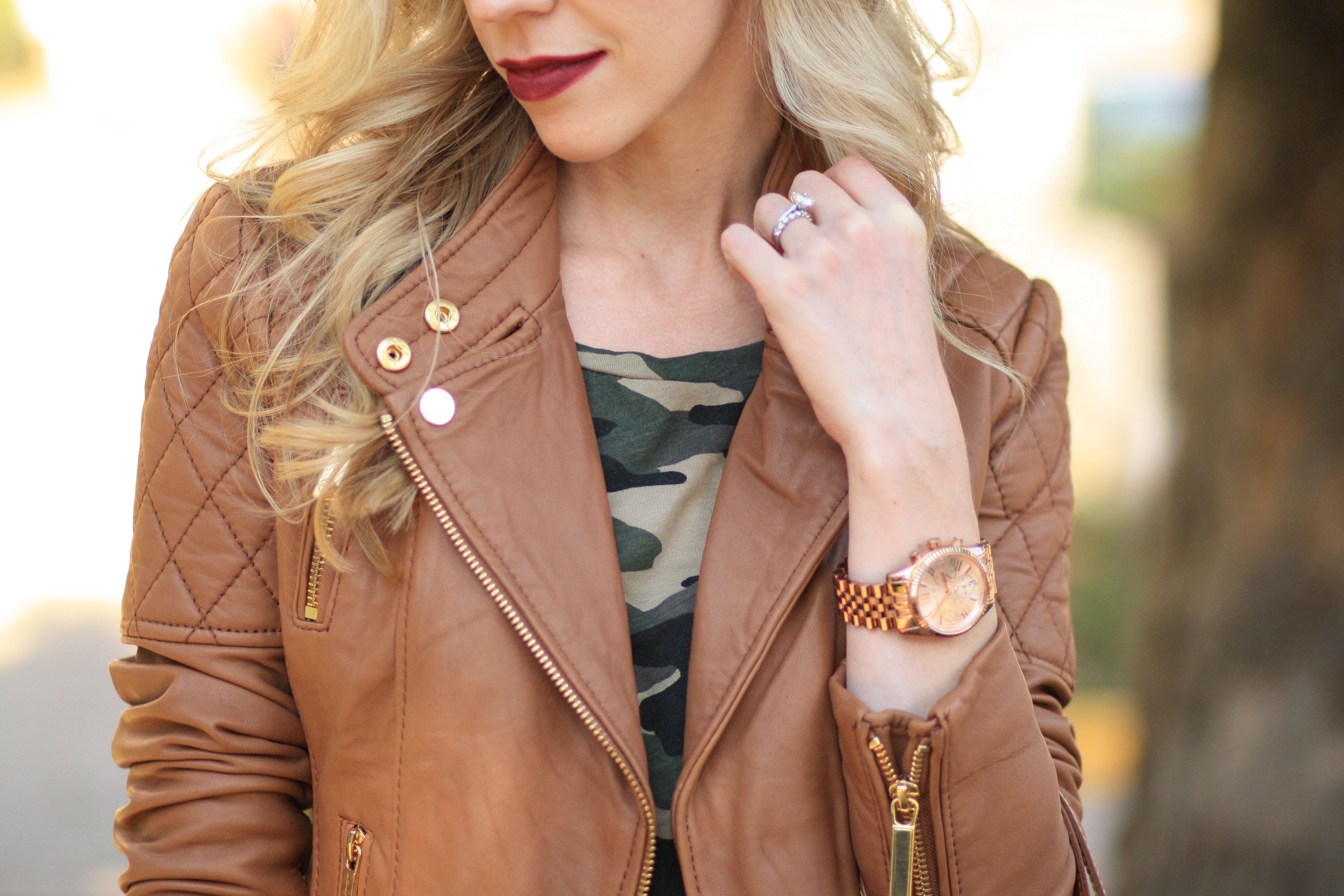 nyx soft matte lip cream copenhagen, dark berry lipstick, camel tan leather moto jacket, Michael Kors leather jacket, camo rose gold Kors lexington boyfriend watch - Meagan's Moda