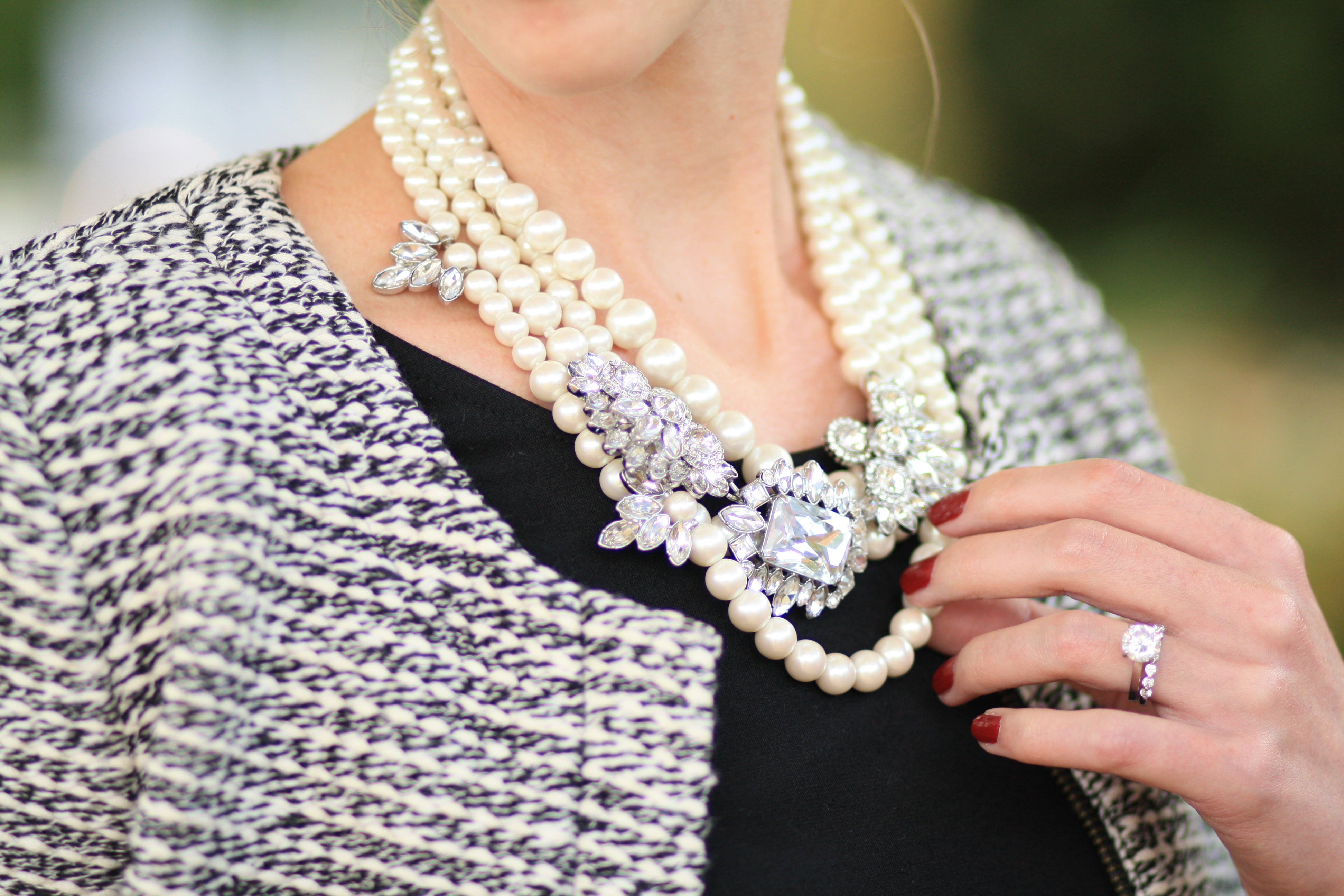 pearl statement necklace, layered pearl necklace, pearls with rhinestone  jewels, black and white tweed jacket, chanel inspired outfit - Meagan's Moda