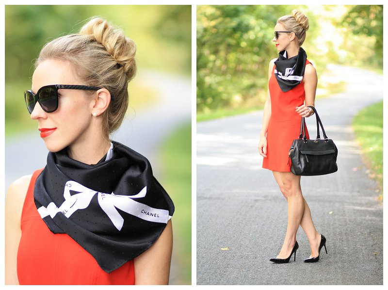 vintage Chanel silk scarf, Chanel black and white silk scarf with bow  print, cateye sunglasses, red lip, bright red shift dress, Stuart Weitzman  black patent Nouveau pump, Kate Spade black leather bag 