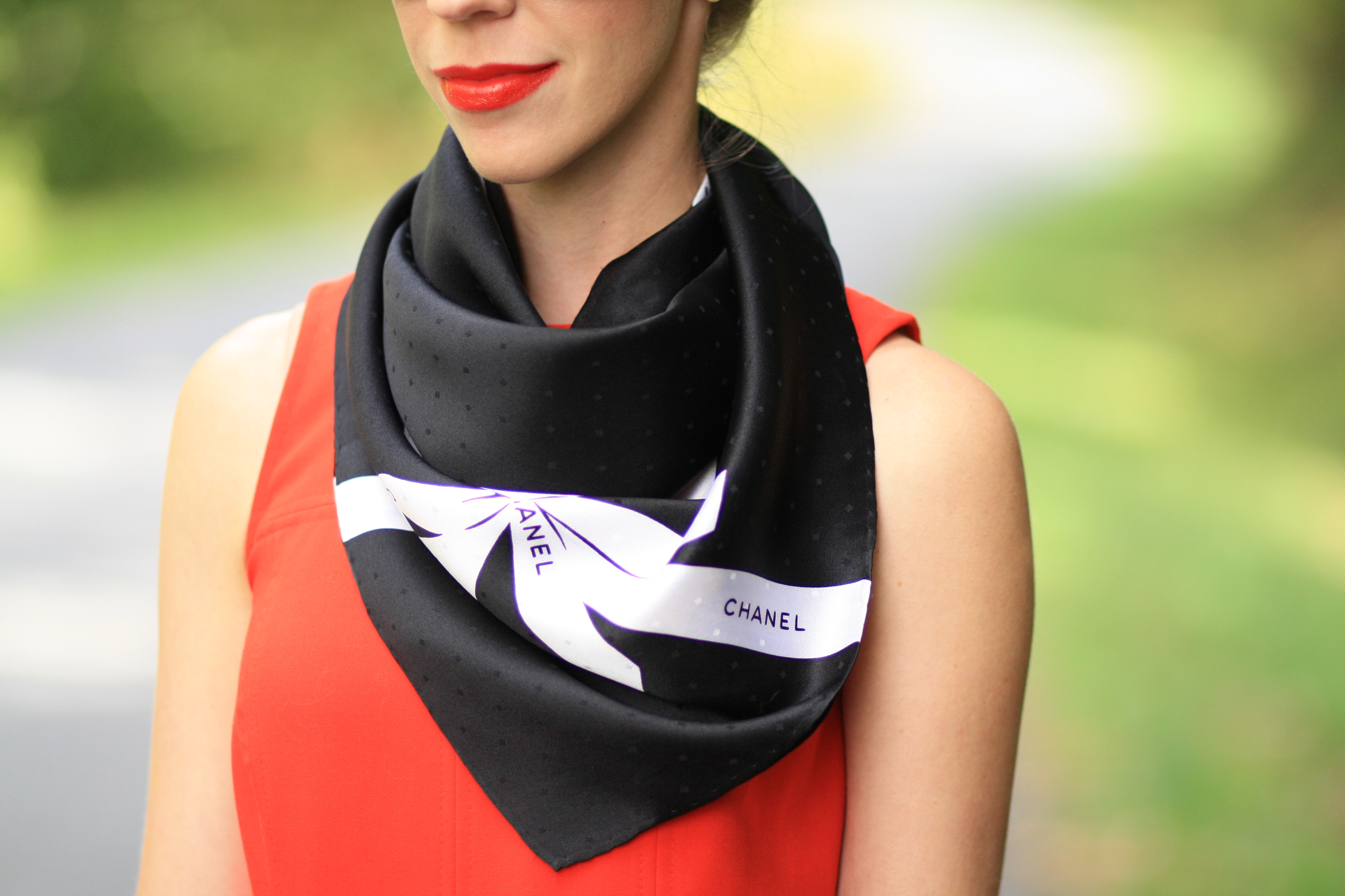 vintage chanel scarf, black and white Chanel silk scarf, handkerchief tie  for silk scarf, red and black, bold red lip, Bare Minerals Moxie Live it Up  lipstick - Meagan's Moda