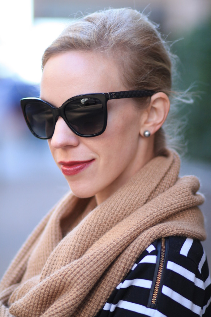 Chanel oversized black cateye sunglasses with quilted leather trim sides,  J. Crew waffle knit camel infinity scarf, black and white striped tee with  zipper detail - Meagan's Moda